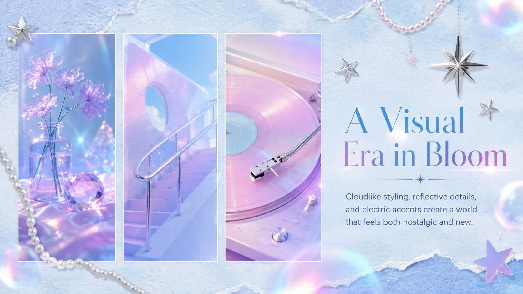 K-pop comeback concept slide displaying a pastel visual era through three editorial image panels.