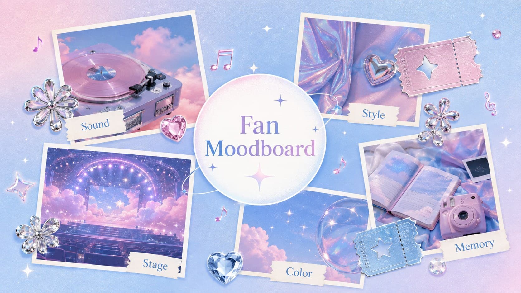 Y2K K-pop fan moodboard with pastel fashion, music, cloud, and concert image tiles.