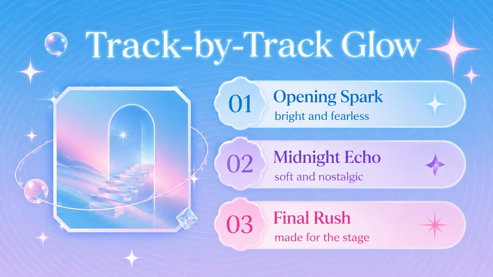 Pastel K-pop track ranking layout with three song highlights and dreamcore decorative details.