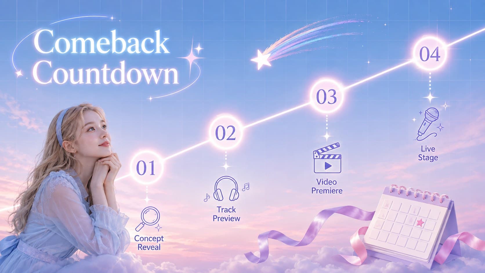 K-pop comeback countdown slide with a four-step timeline over a pastel blue fantasy background.