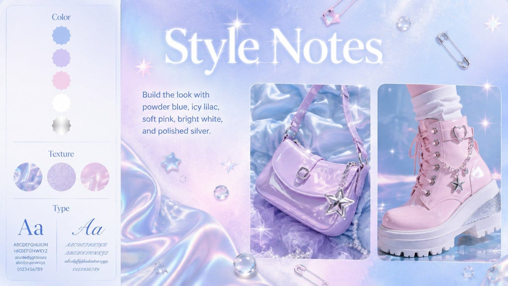 Dreamcore K-pop style guide showing a pastel palette, fashion details, and typography notes.