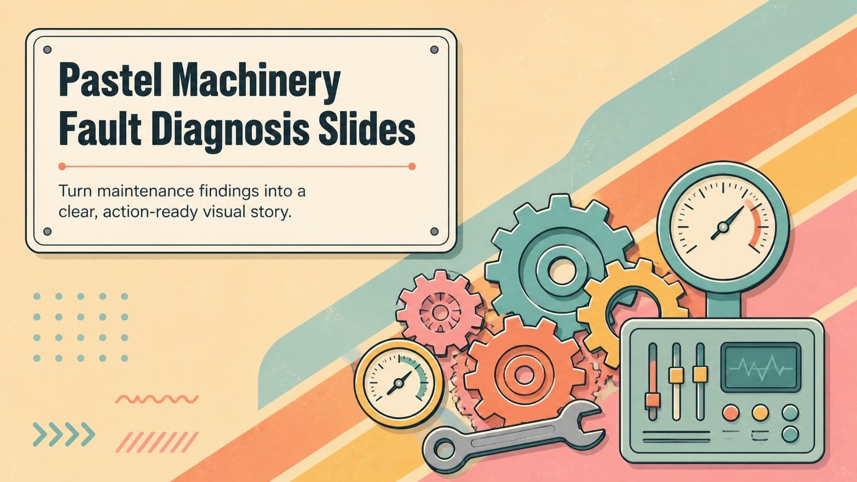 Cover for Pastel Machinery Fault Diagnosis Slides with colorful retro engineering symbols and a structured maintenance theme.