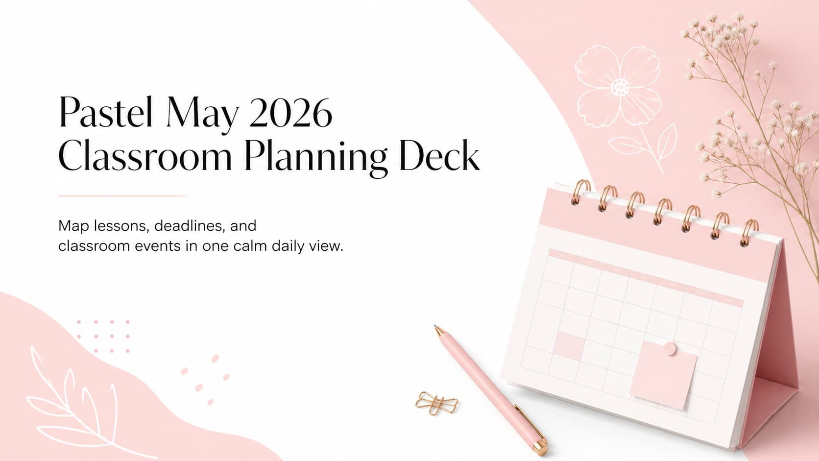 Cover of a pastel May 2026 classroom planning deck with minimalist pink calendar details.