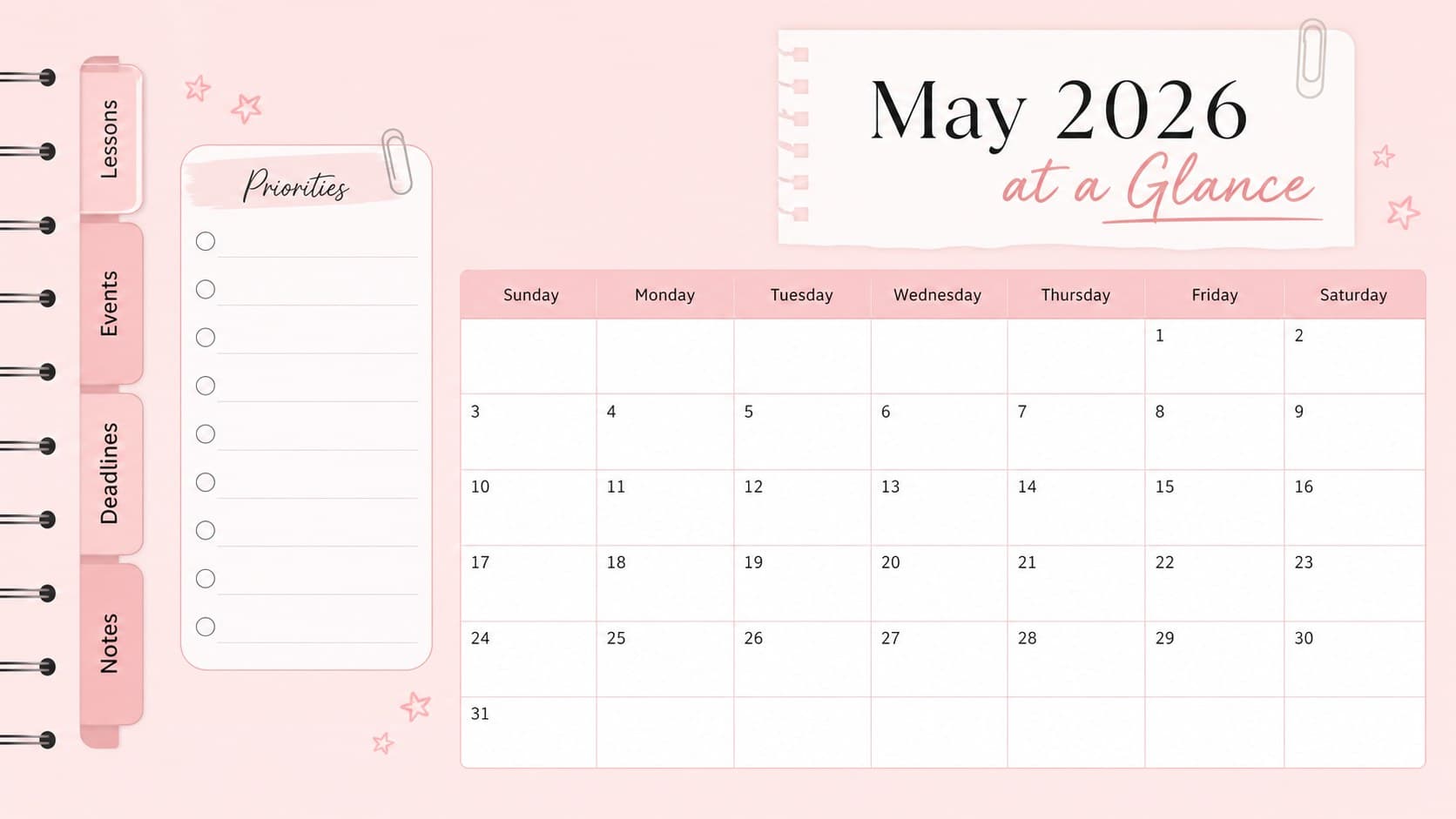 Pastel pink May 2026 monthly overview slide for classroom planning.