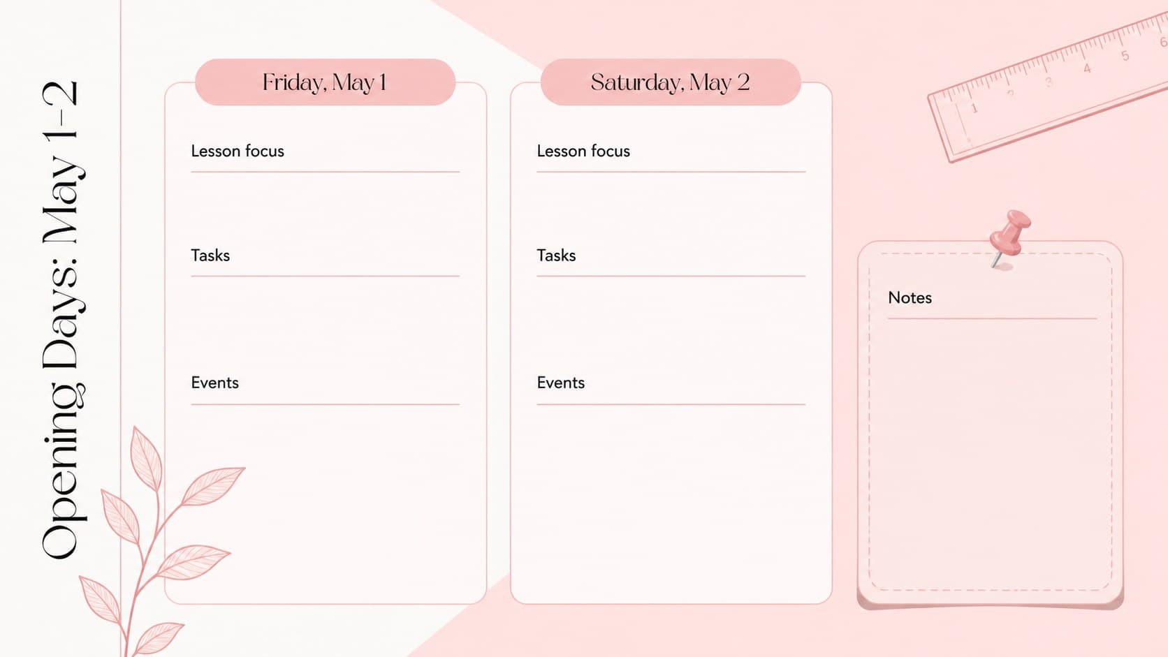 Daily classroom agenda layout for the opening days of May 2026.