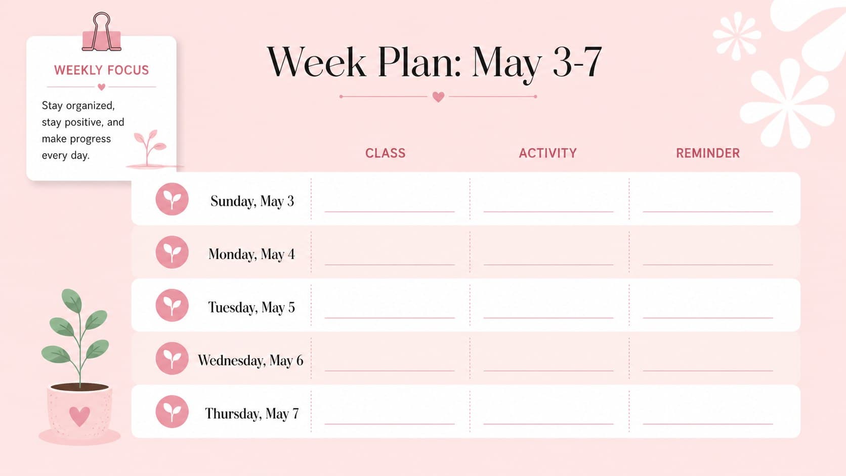 Pastel May 2026 teacher planner slide covering the first full school week.