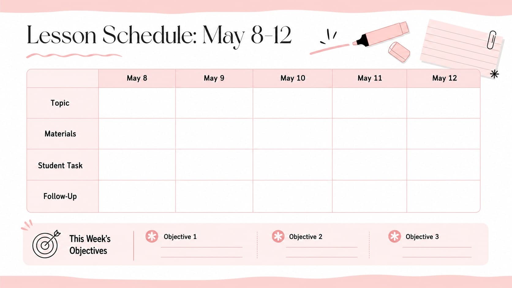 Editable May lesson planning presentation slide for May 8 through May 12.