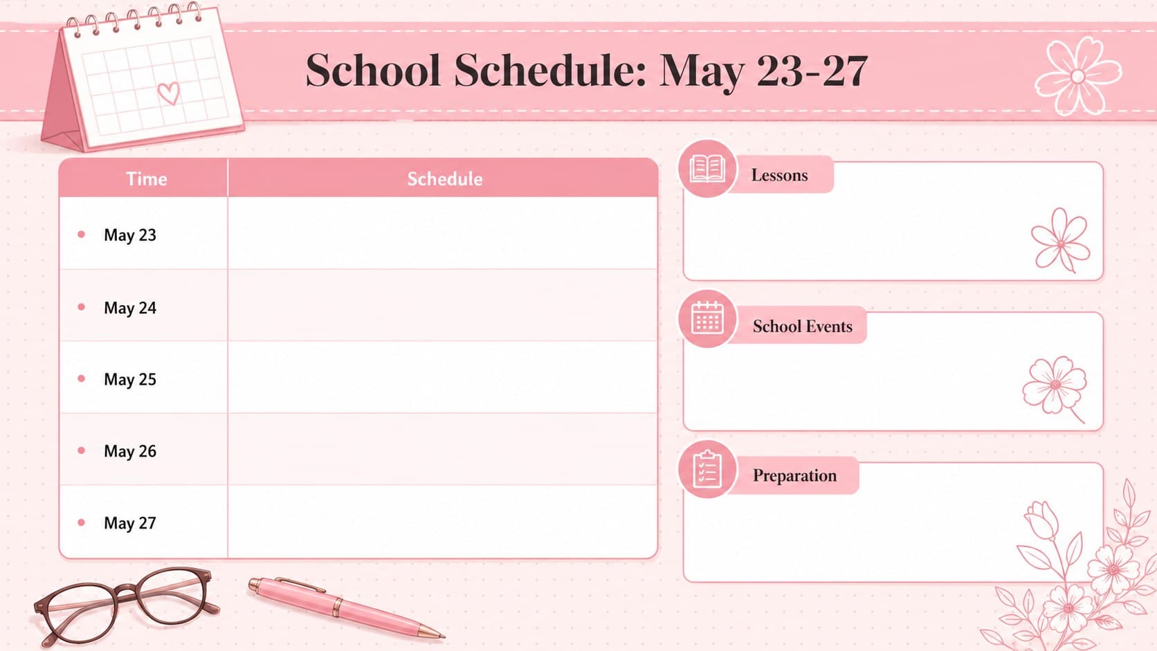 May 2026 school schedule slide for lessons and events from May 23 to May 27.