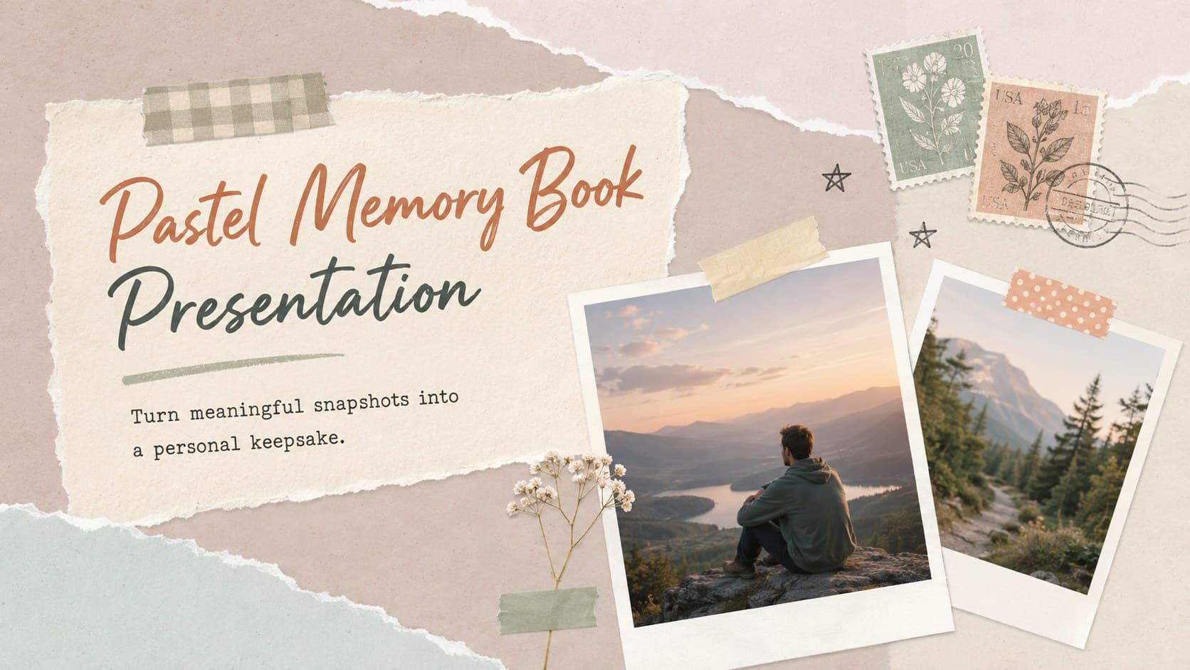 Cover of a Pastel Memory Book Presentation with layered photo frames, paper textures, and cheerful keepsake decorations.