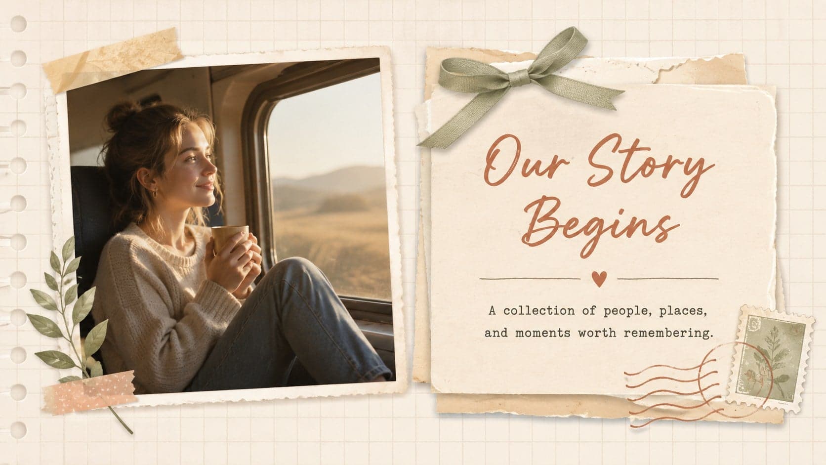 Pastel scrapbook introduction slide featuring a large opening photograph and space for a personal memory book story.