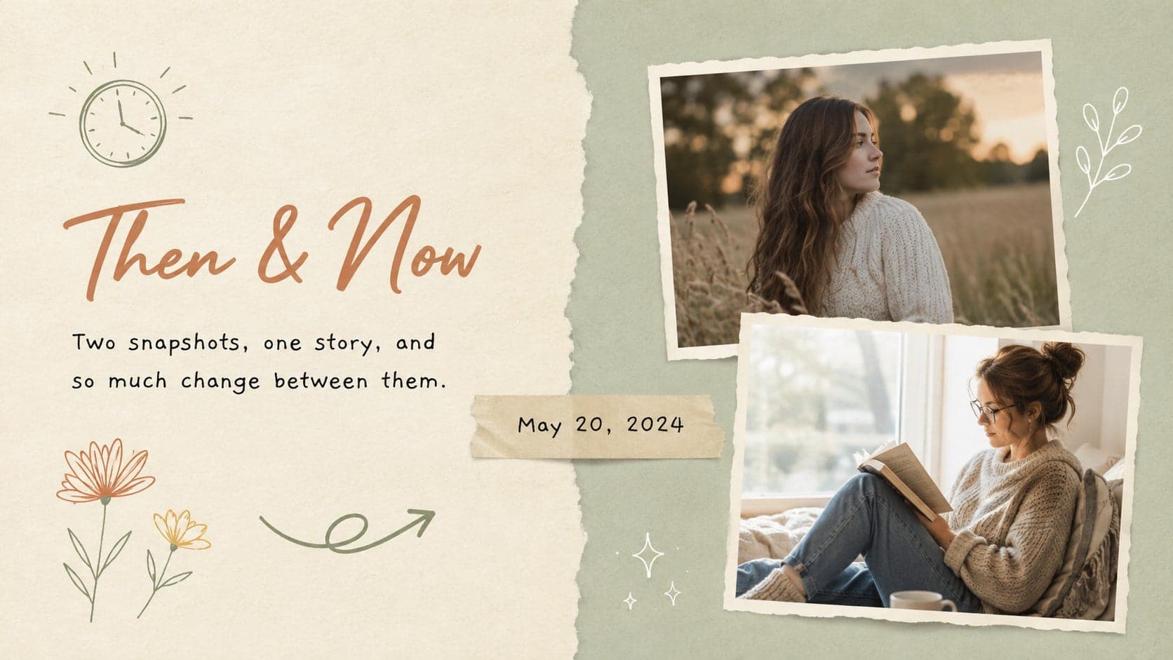 Then-and-now photo journal slide with two pastel frames for comparing meaningful milestones.