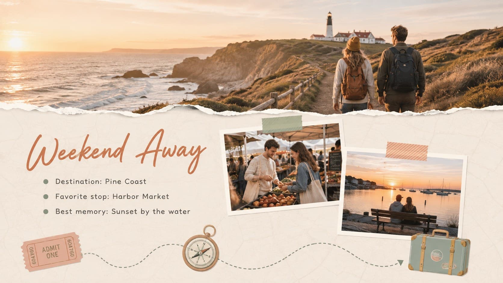 Scrapbook travel memories presentation slide with destination photos, a route line, and handwritten trip notes.