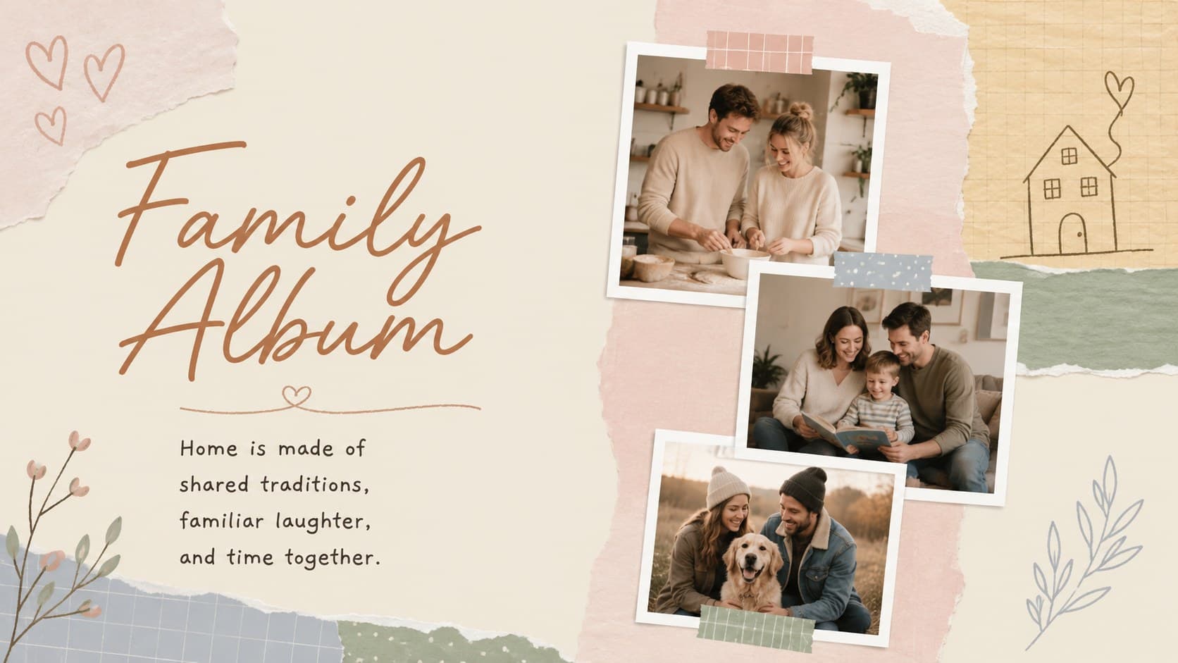 Editable family photo album slide with three portrait frames and short captions on pastel paper layers.