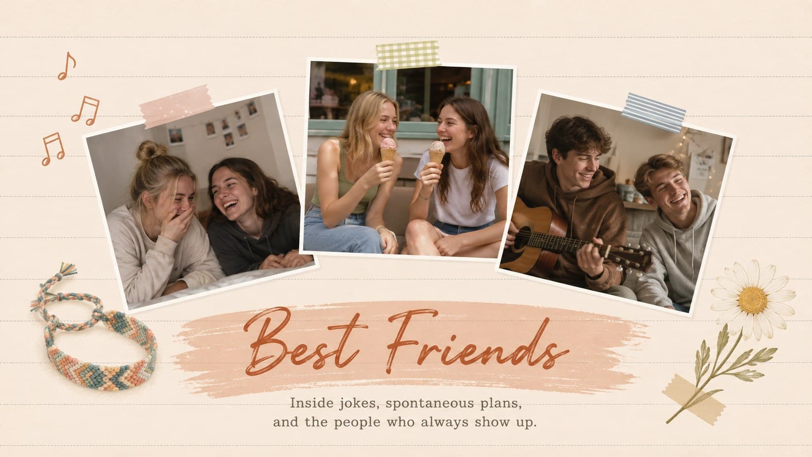 Pastel friendship scrapbook slide showing candid snapshots, handwritten captions, and playful paper decorations.