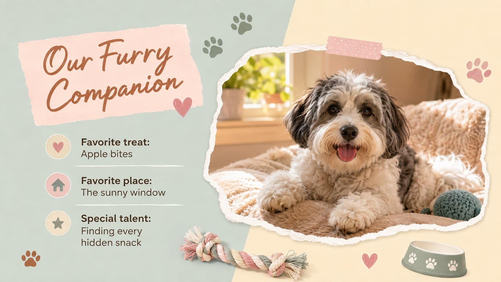 Cute pet memory book page with a featured animal photograph, paw-print accents, and a favorite-things list.