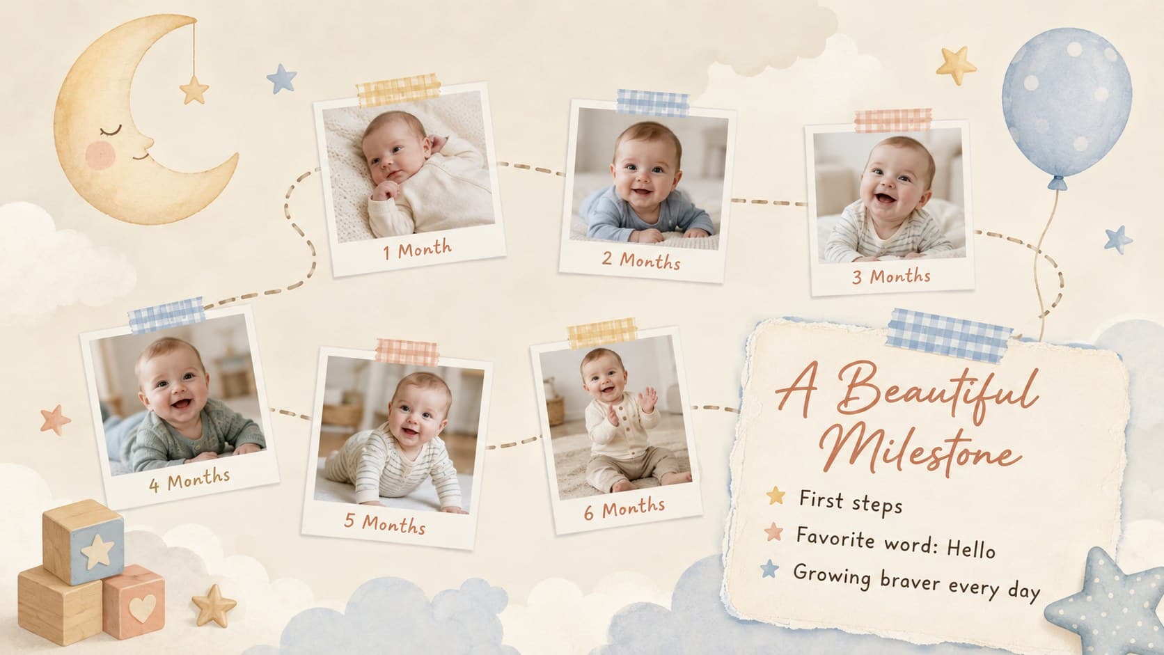 Baby milestone memory book template slide with monthly photographs and a pastel achievement note.