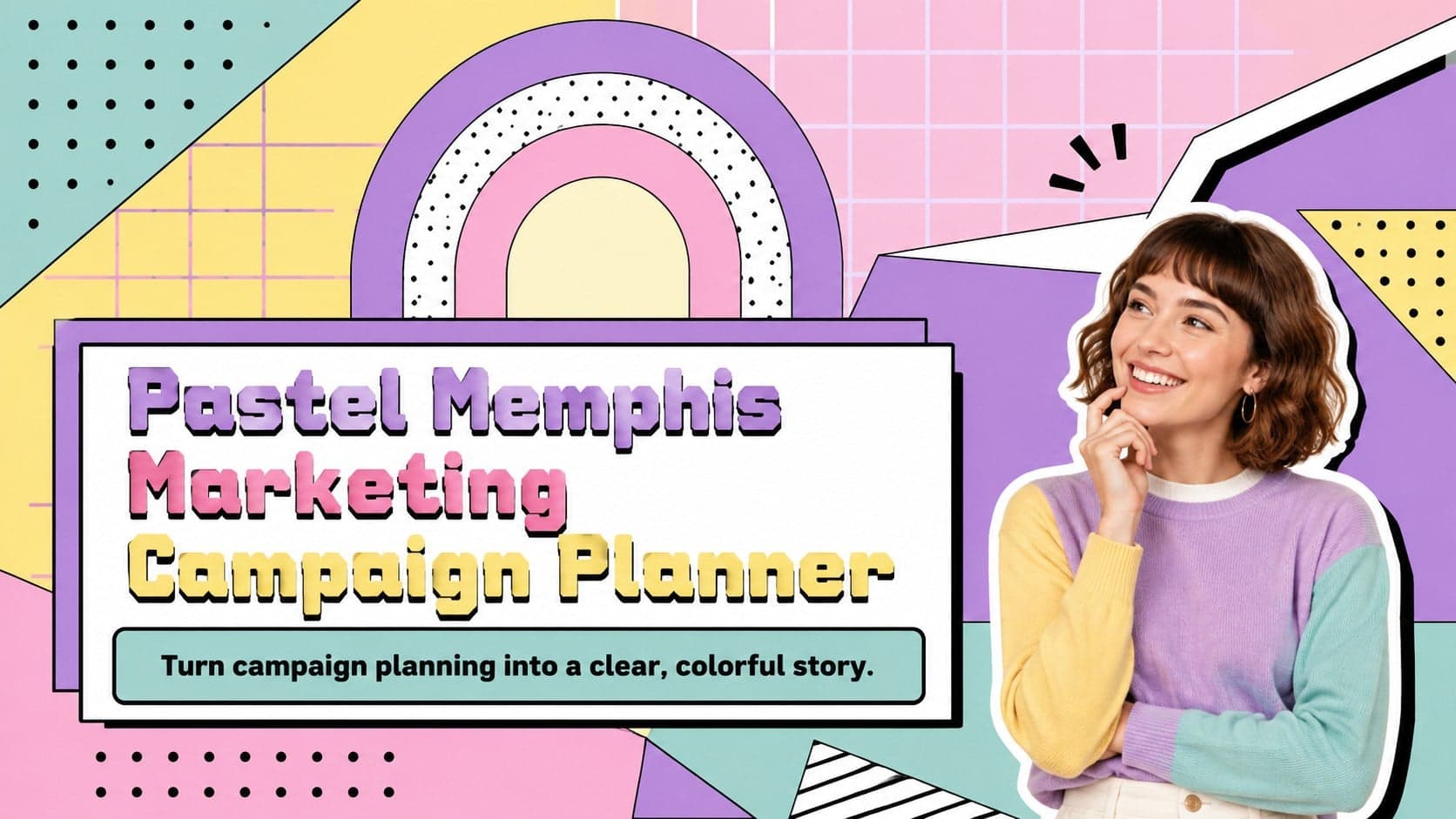 Cover of a Pastel Memphis marketing campaign planner with colorful geometric accents and a bold retro headline.