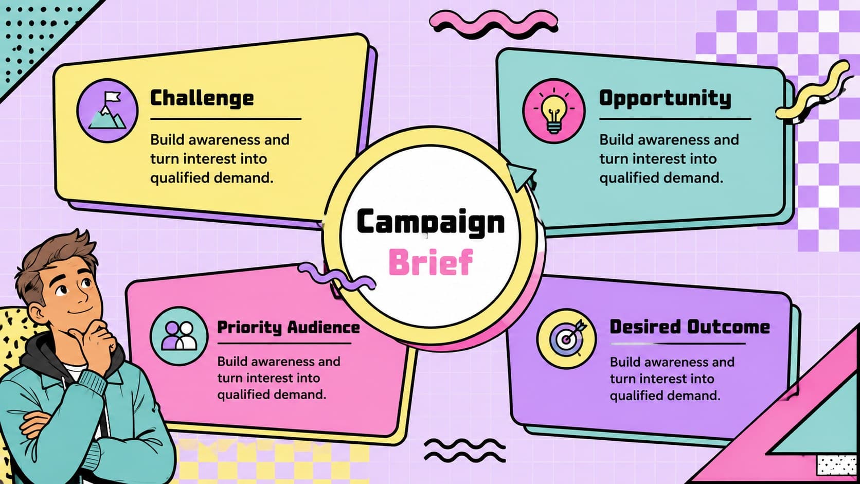 Pastel campaign brief slide summarizing the challenge, opportunity, audience, and desired outcome.