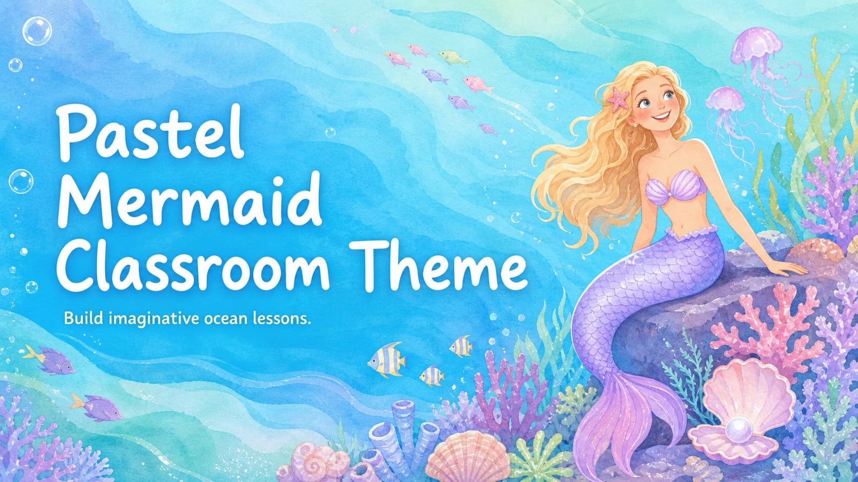 Cover of the Pastel Mermaid Classroom Theme with watercolor ocean scenery and an original mermaid character.