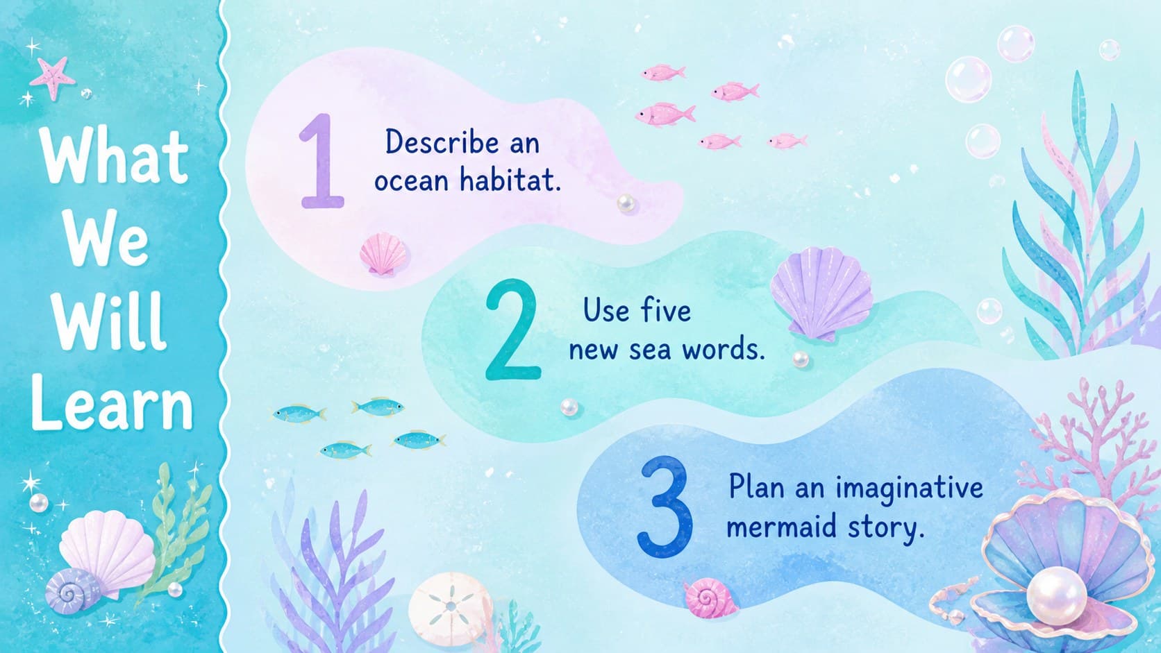 Pastel ocean learning goals slide with watercolor shells, bubbles, and three student objectives.