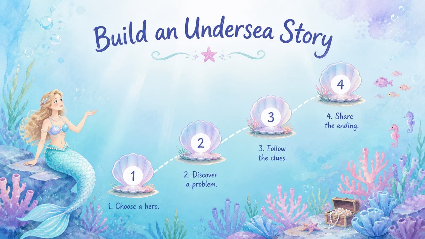 Pastel mermaid storytelling slide showing a four-step underwater story sequence for students.