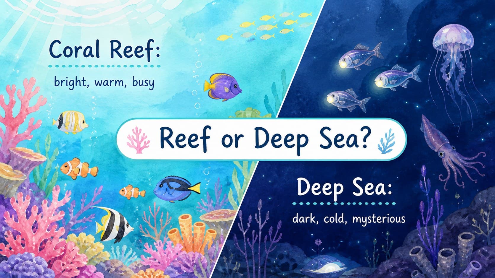 Watercolor ocean comparison slide contrasting a coral reef and deep sea habitat for an elementary lesson.