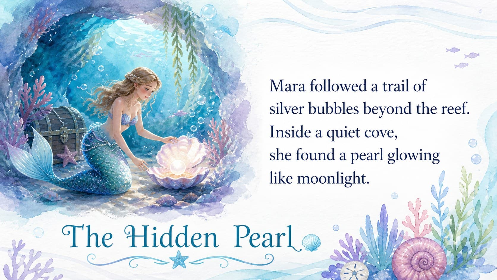 Mermaid reading lesson slide with a short original passage and watercolor treasure-cove artwork.