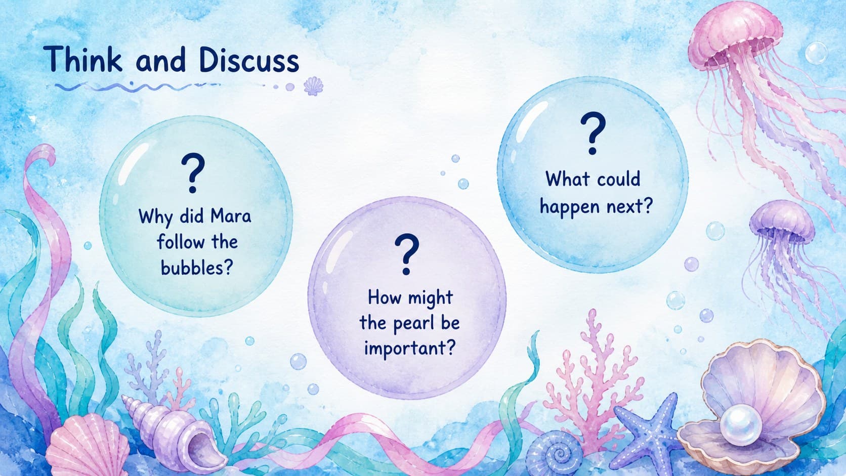 Pastel mermaid classroom discussion slide with three reading comprehension questions and ocean decorations.