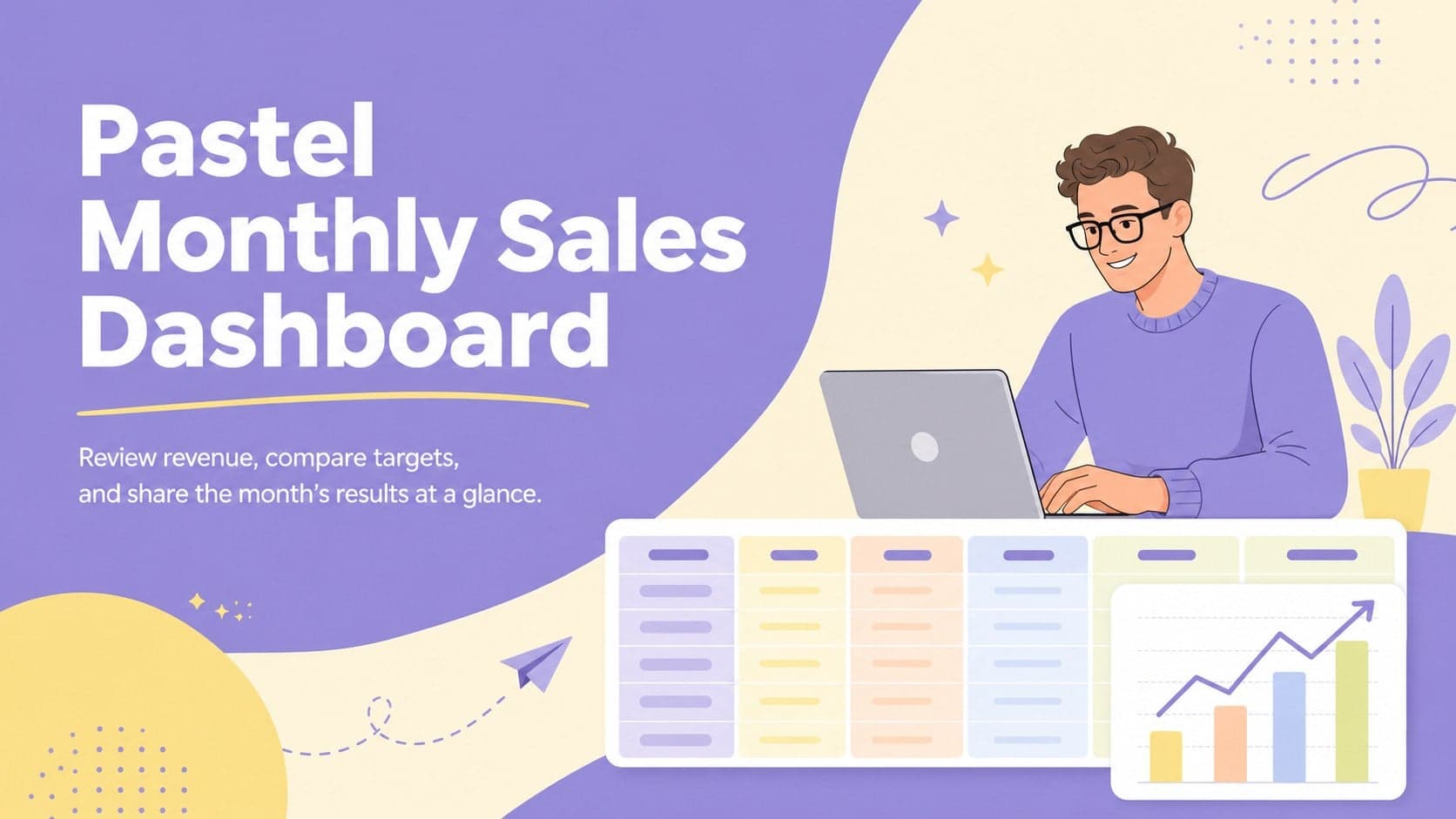 Cover for a pastel monthly sales dashboard with purple and yellow business graphics and a concise revenue review subtitle.