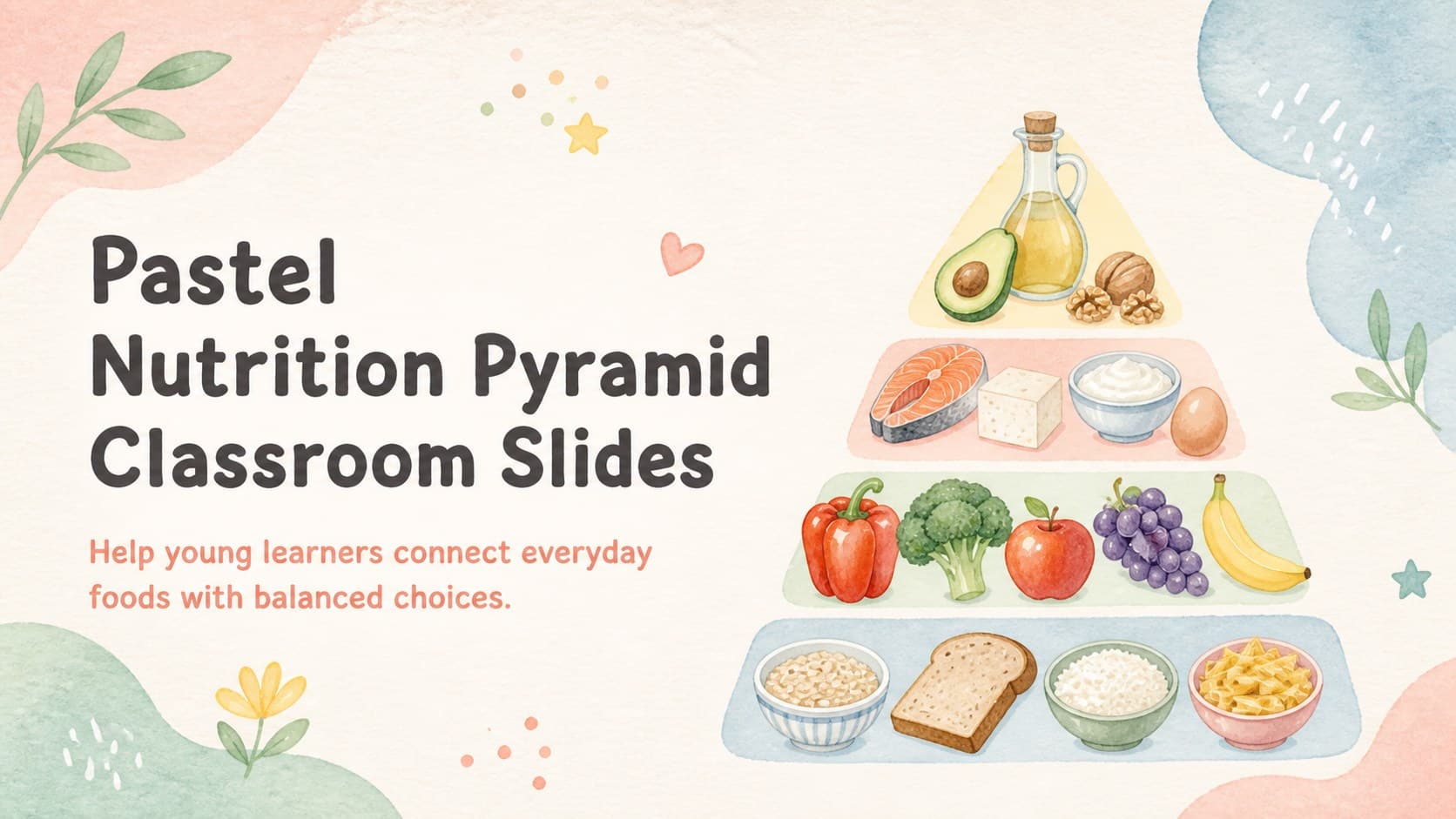 Cover of the Pastel Nutrition Pyramid Classroom Slides with watercolor food illustrations and a colorful learning theme.