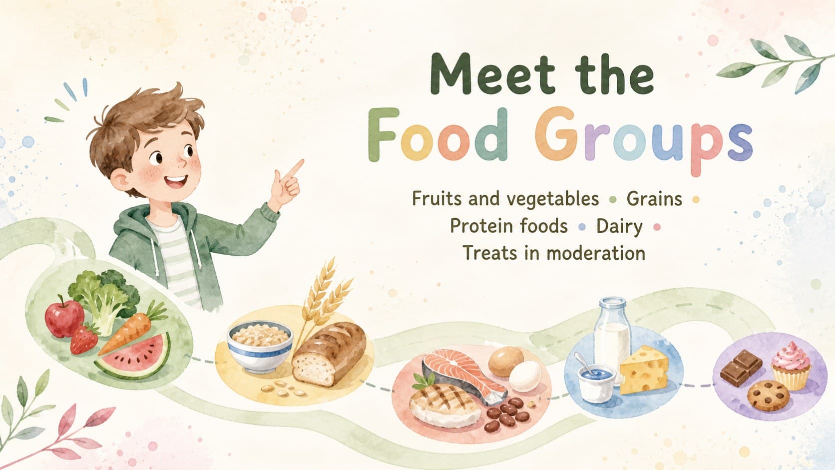 Pastel food pyramid overview slide introducing the five main nutrition groups for an elementary classroom lesson.