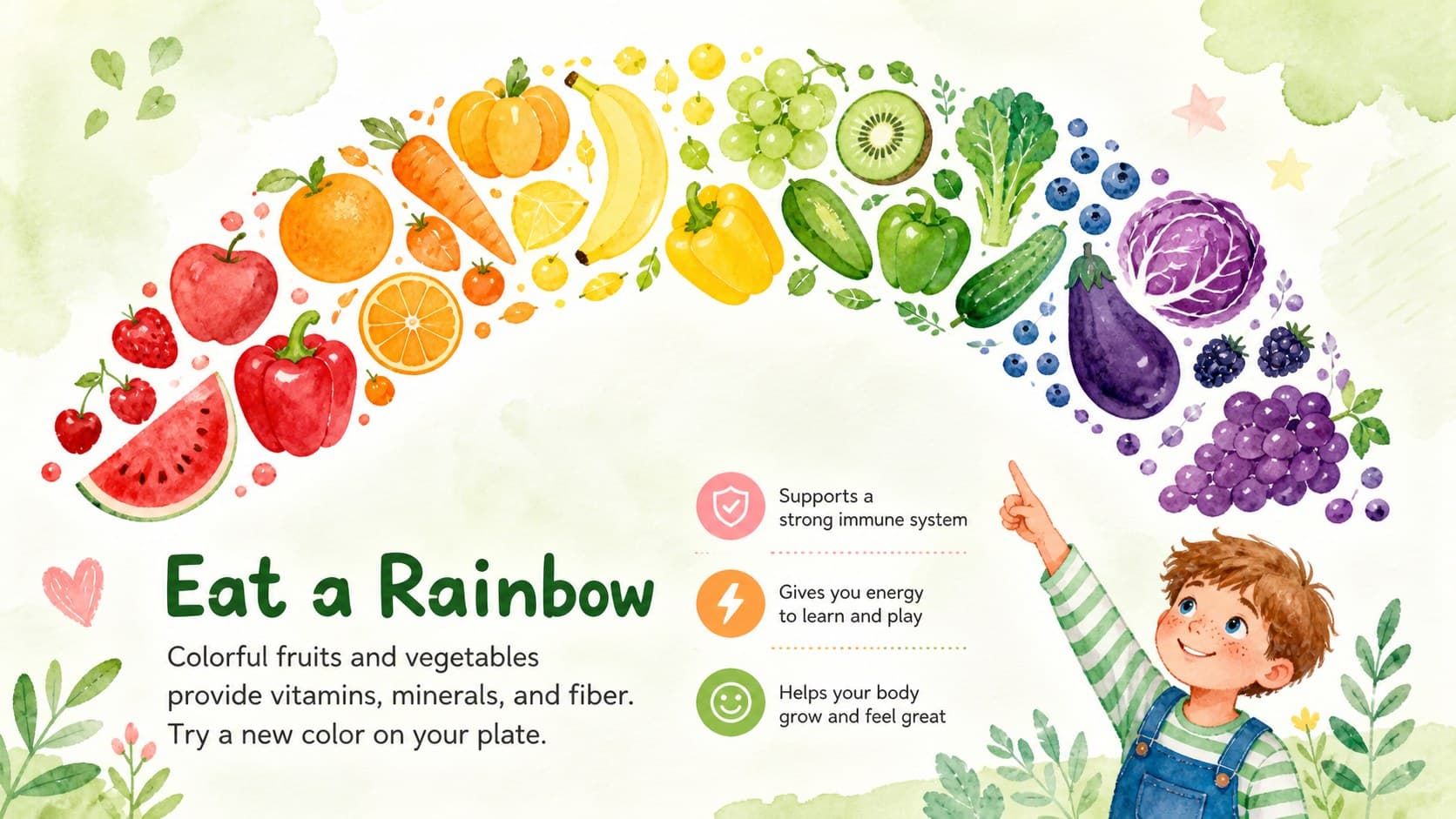 Elementary nutrition slide featuring colorful watercolor fruits and vegetables with a rainbow eating prompt.