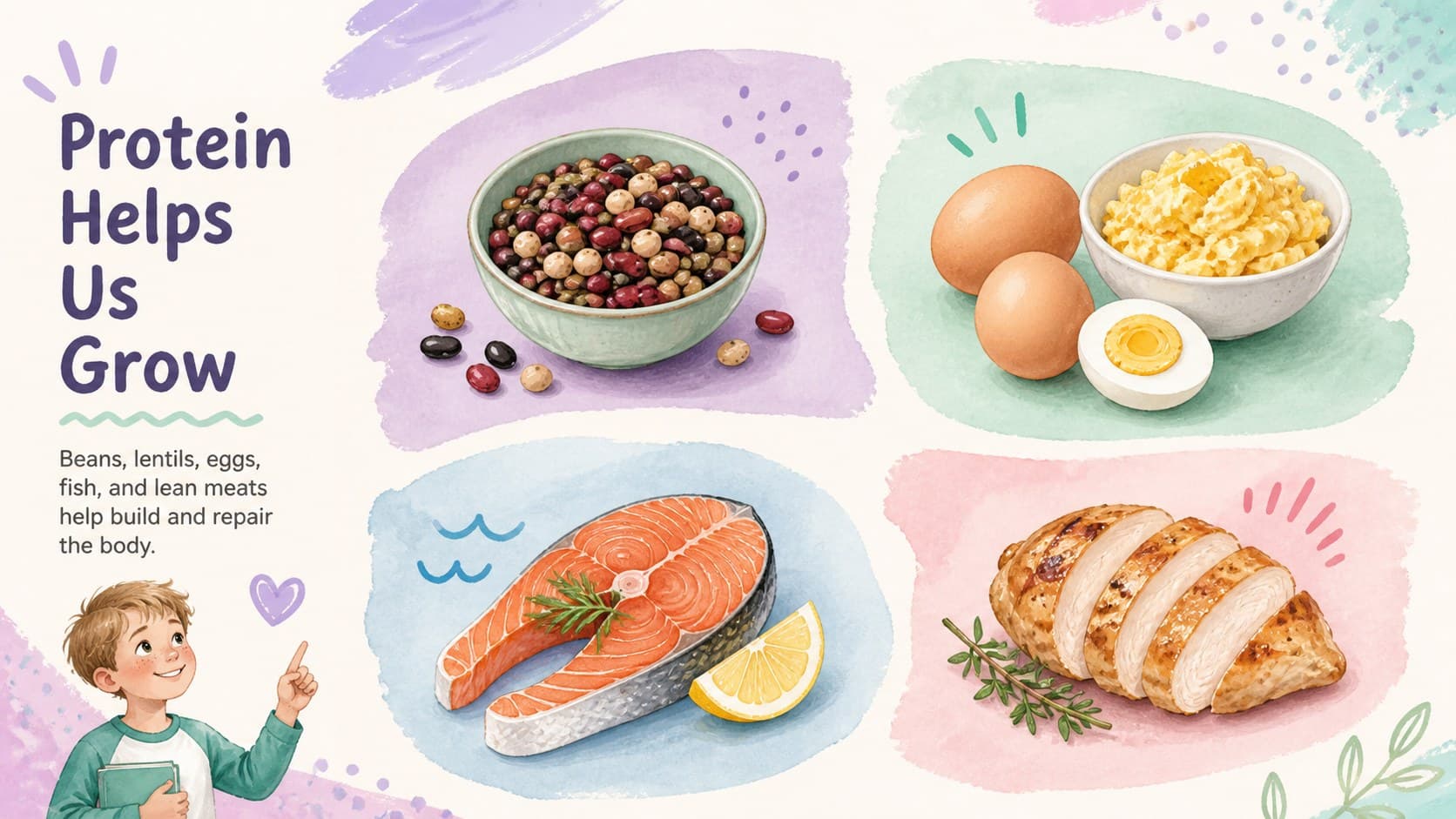 Watercolor protein foods lesson slide with beans, eggs, fish, and other child-friendly examples.
