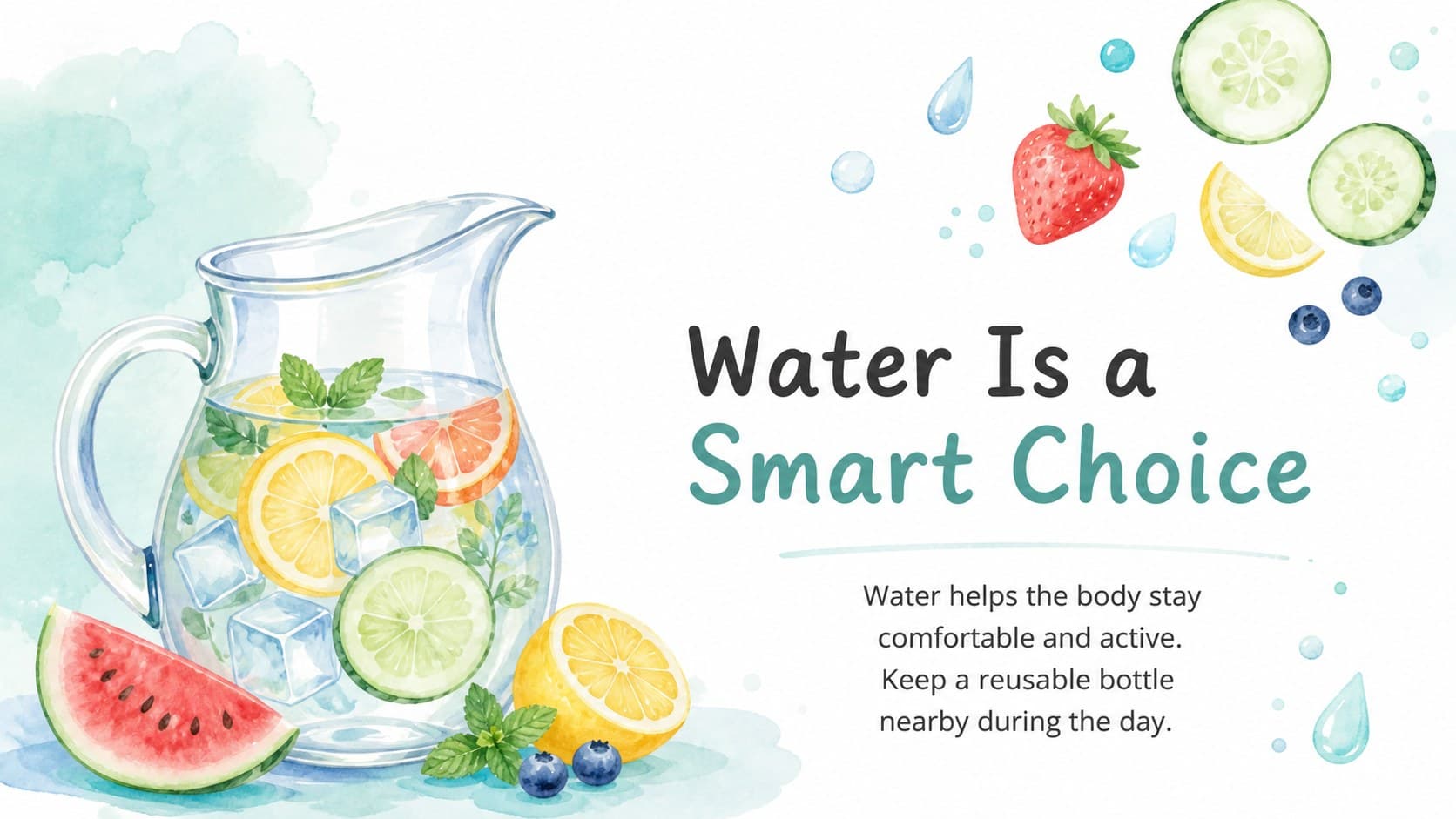 Elementary health education slide encouraging water as a regular drink choice.