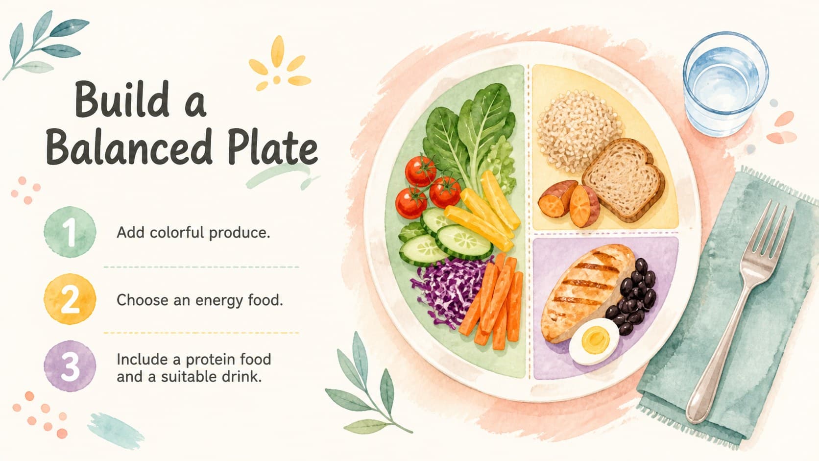 Pastel balanced plate activity slide combining food groups into a child-friendly meal example.