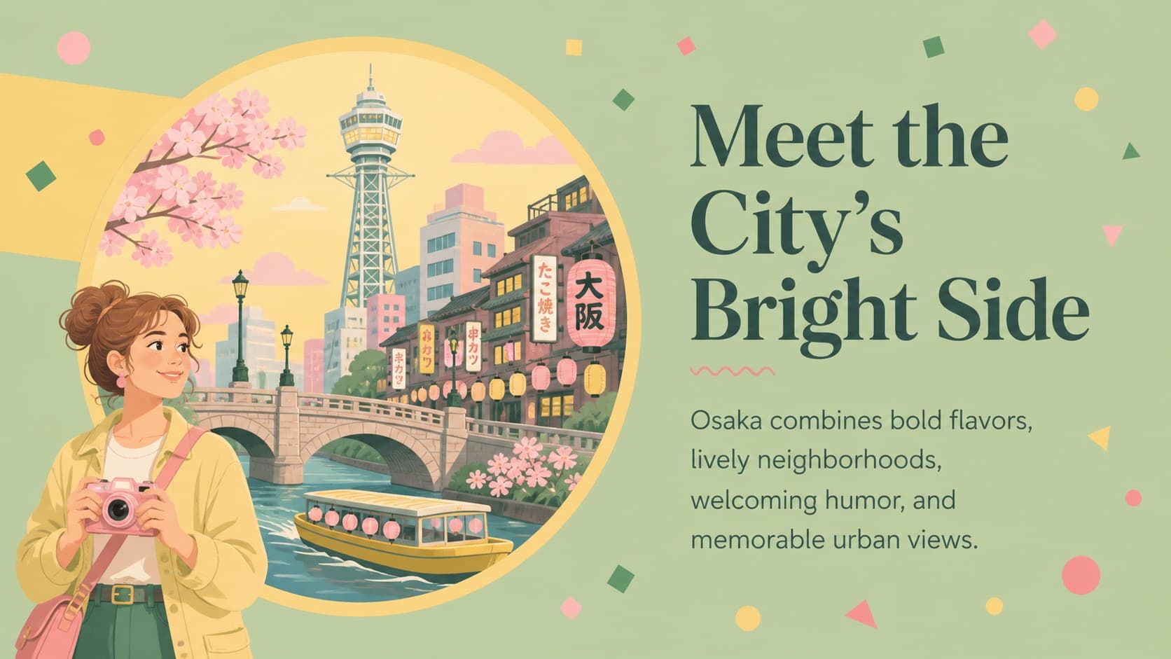 Pastel Osaka culture presentation introducing the city's character with illustrated landmarks.