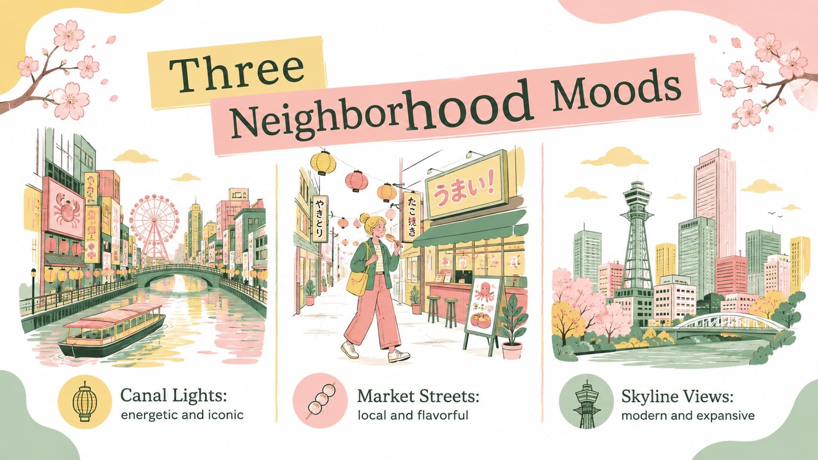 Japanese city guide slide highlighting Osaka neighborhoods with three illustrated pastel panels.