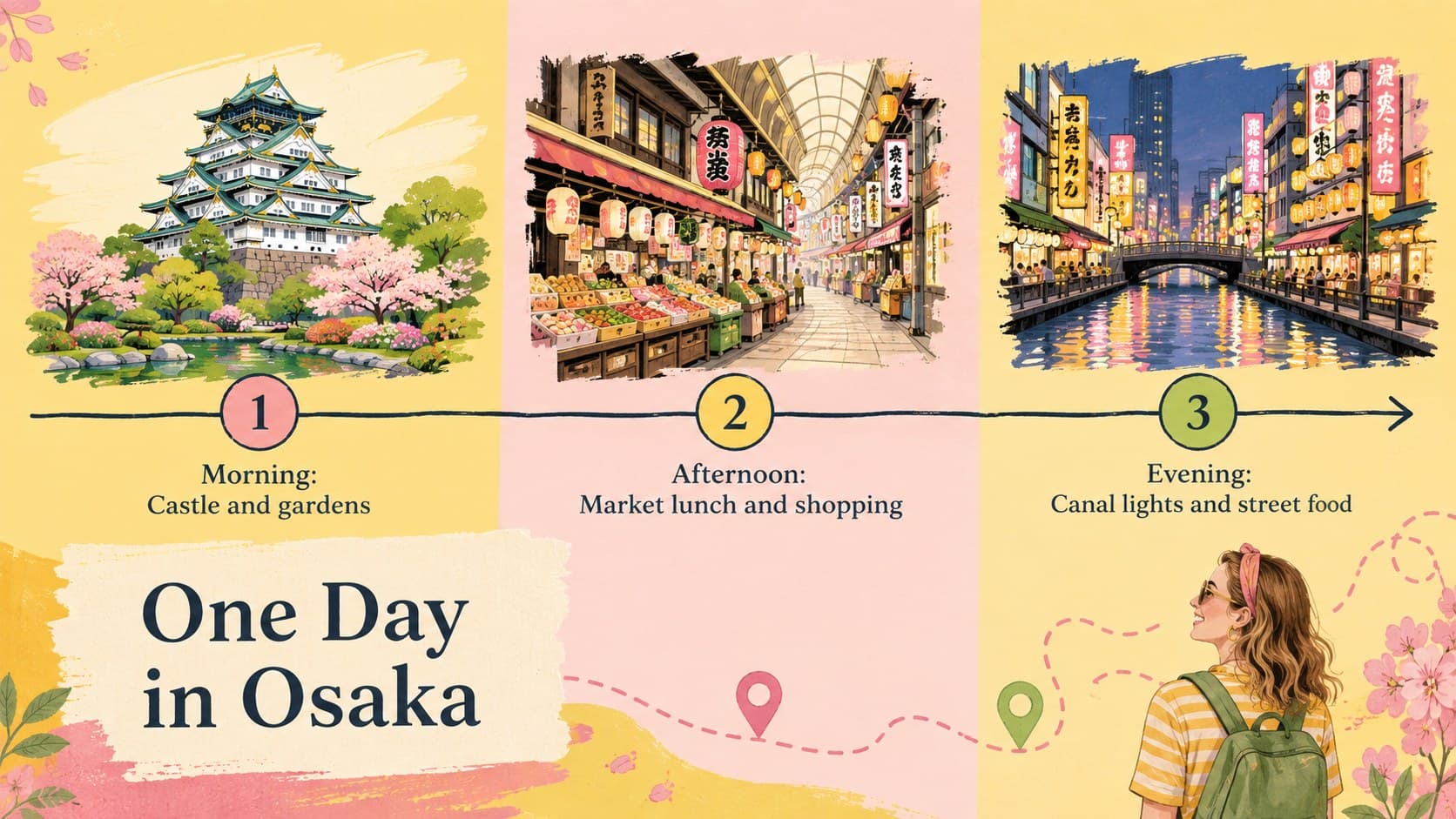 Pastel Osaka travel itinerary slide showing morning, afternoon, and evening activities.
