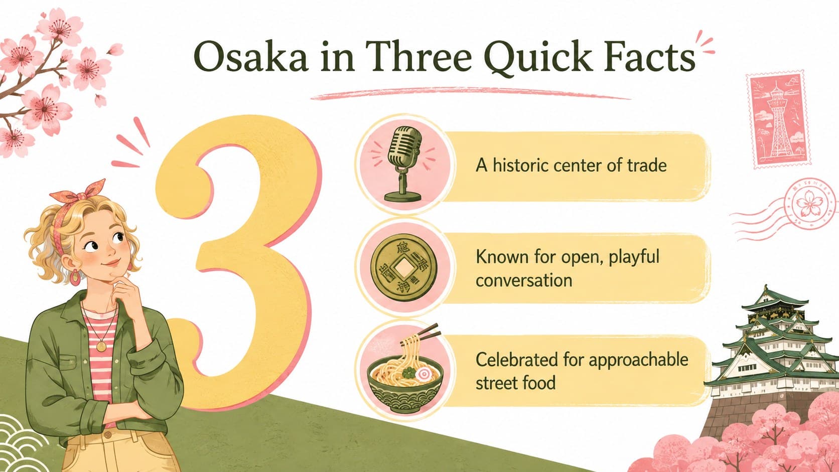 Illustrated Osaka lesson presentation slide with concise cultural facts and pastel icons.
