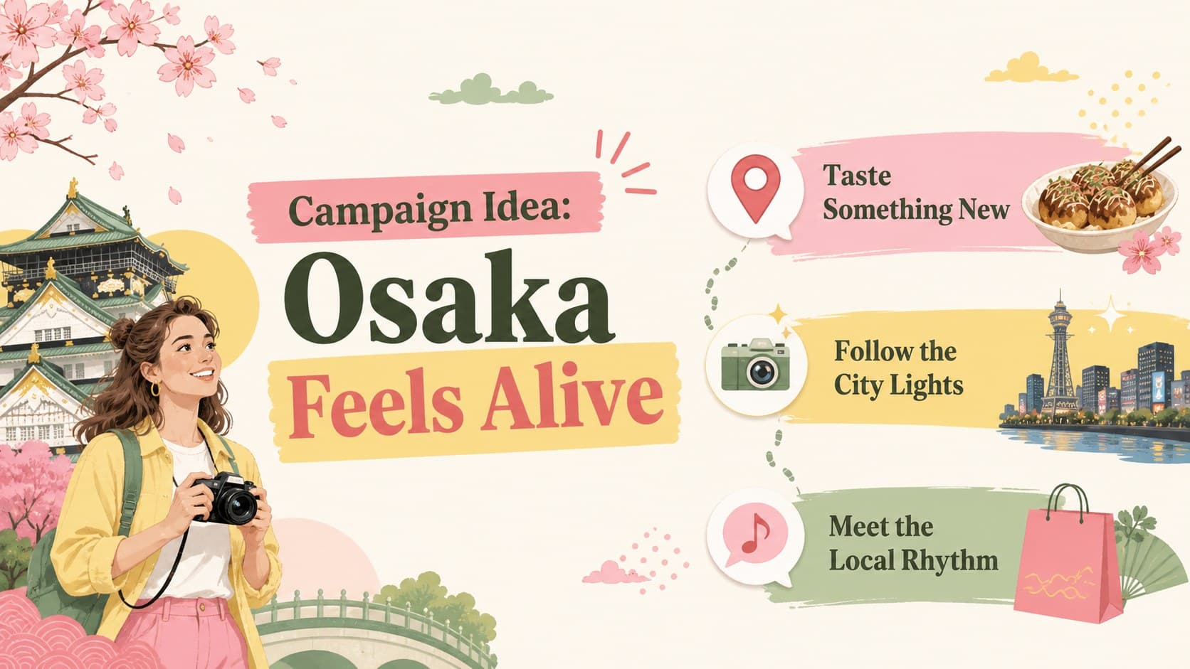 Cute Japan marketing slide presenting an Osaka campaign concept and audience message.