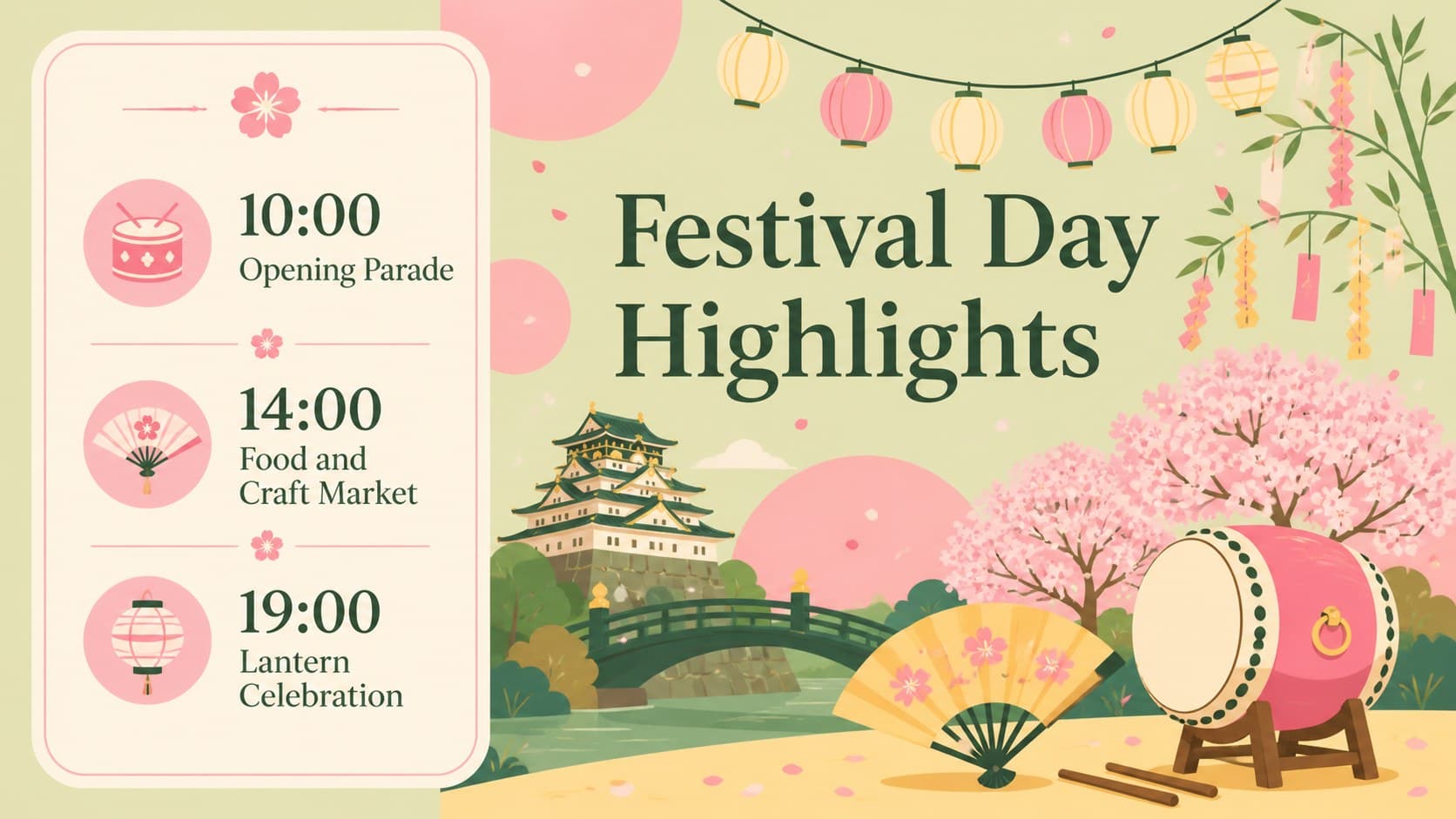 Pastel Japanese festival slide with a three-stage Osaka event schedule.