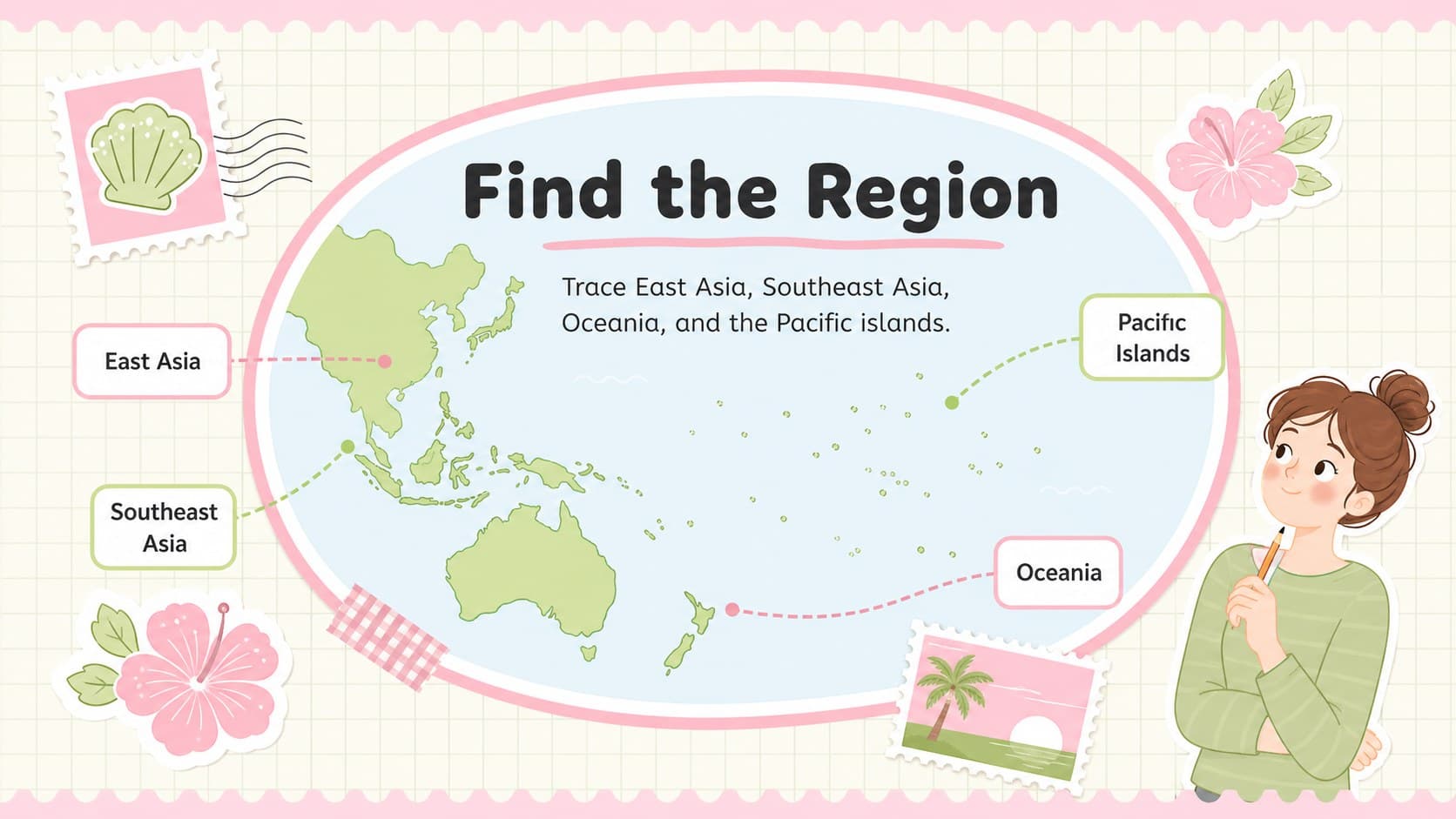 Pastel map slide locating major Asia-Pacific regions for an editable classroom geography presentation.