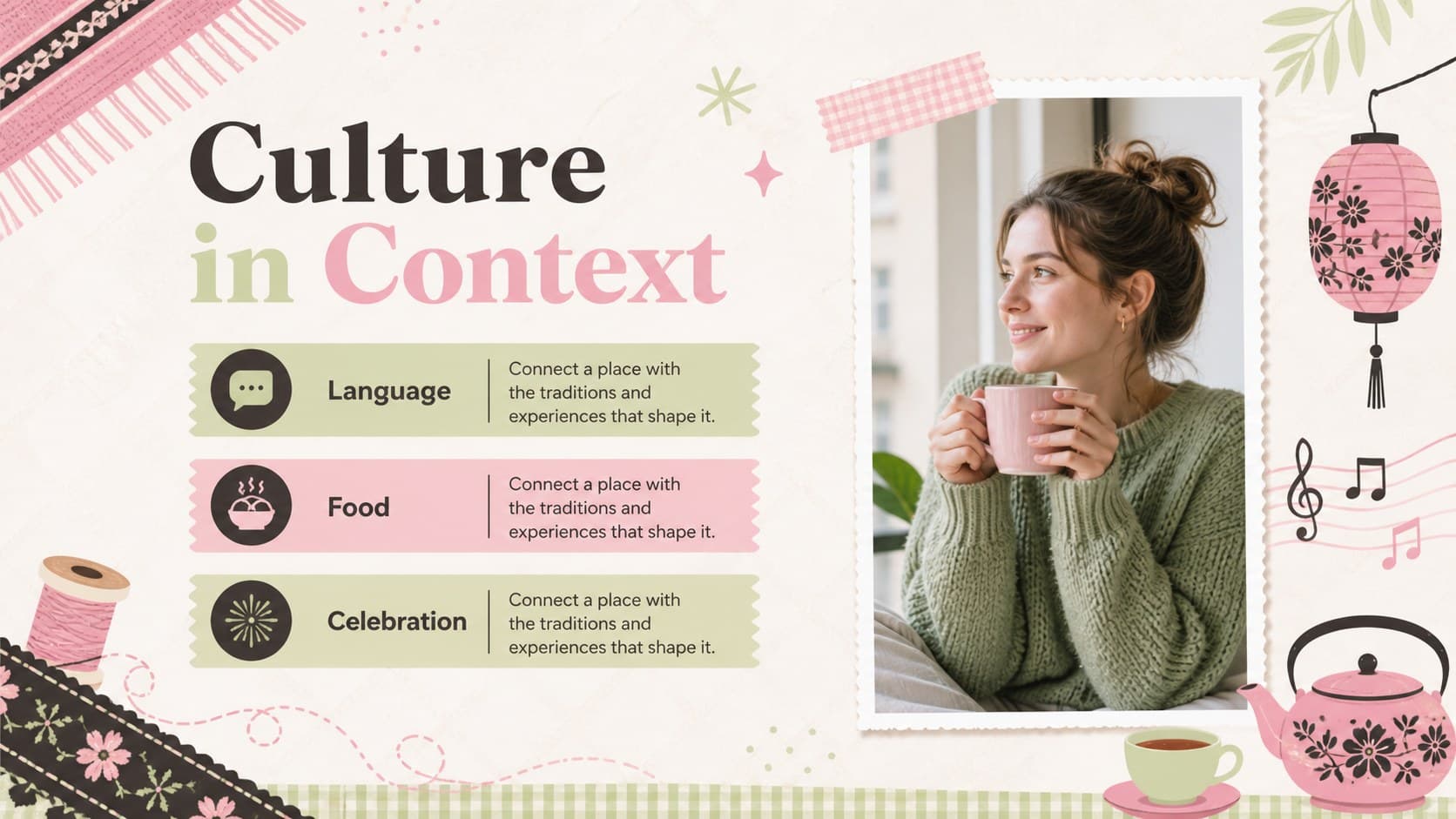 Culture snapshot slide for an Asia Pacific culture project template with editable image and fact areas.
