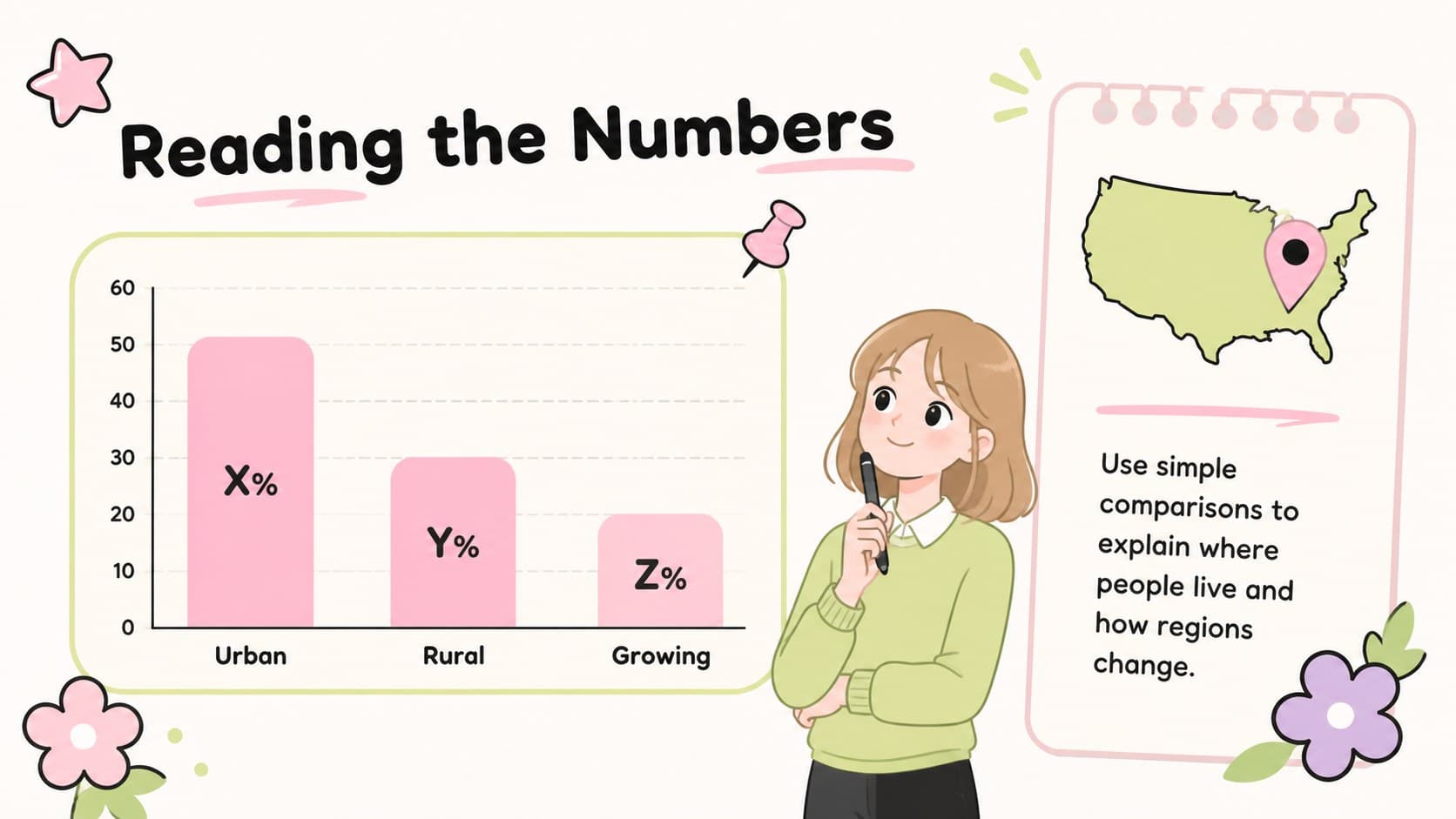 Population data slide with a pastel chart layout for an interactive geography presentation for school.
