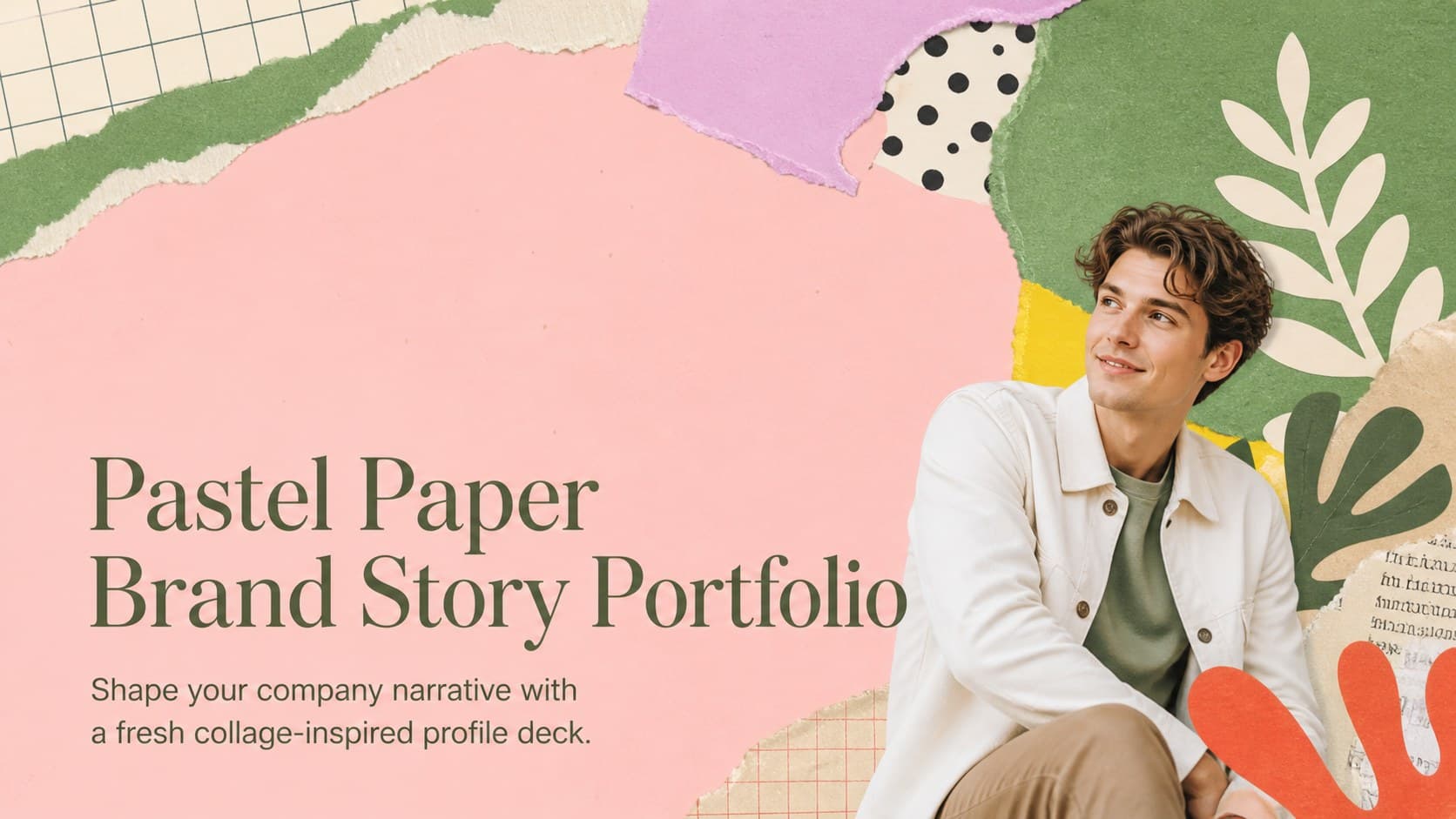 Cover of a pastel paper brand story portfolio with layered pink and green collage elements.