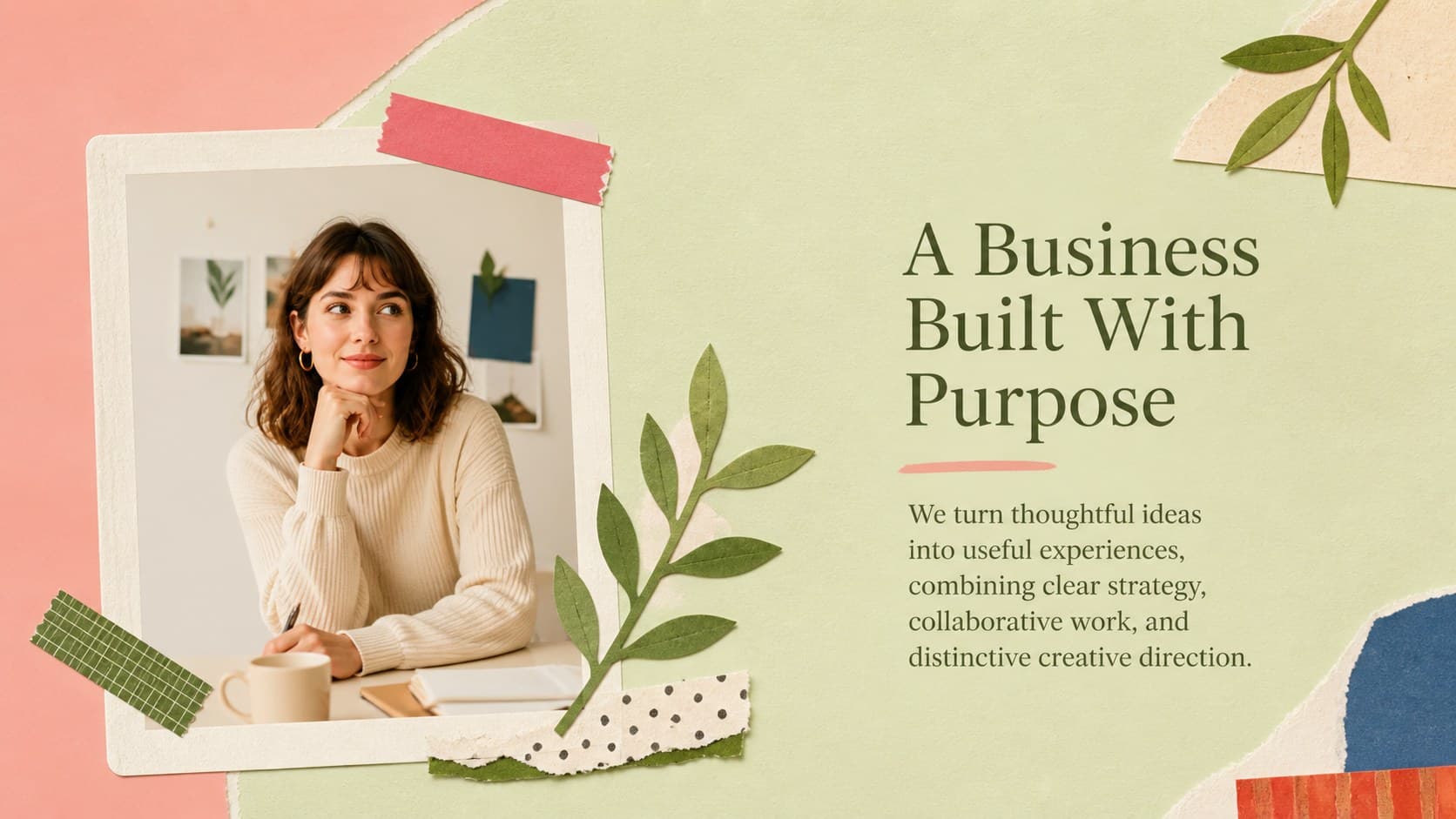 Editorial brand story presentation slide introducing a company through concise narrative text and collage imagery.