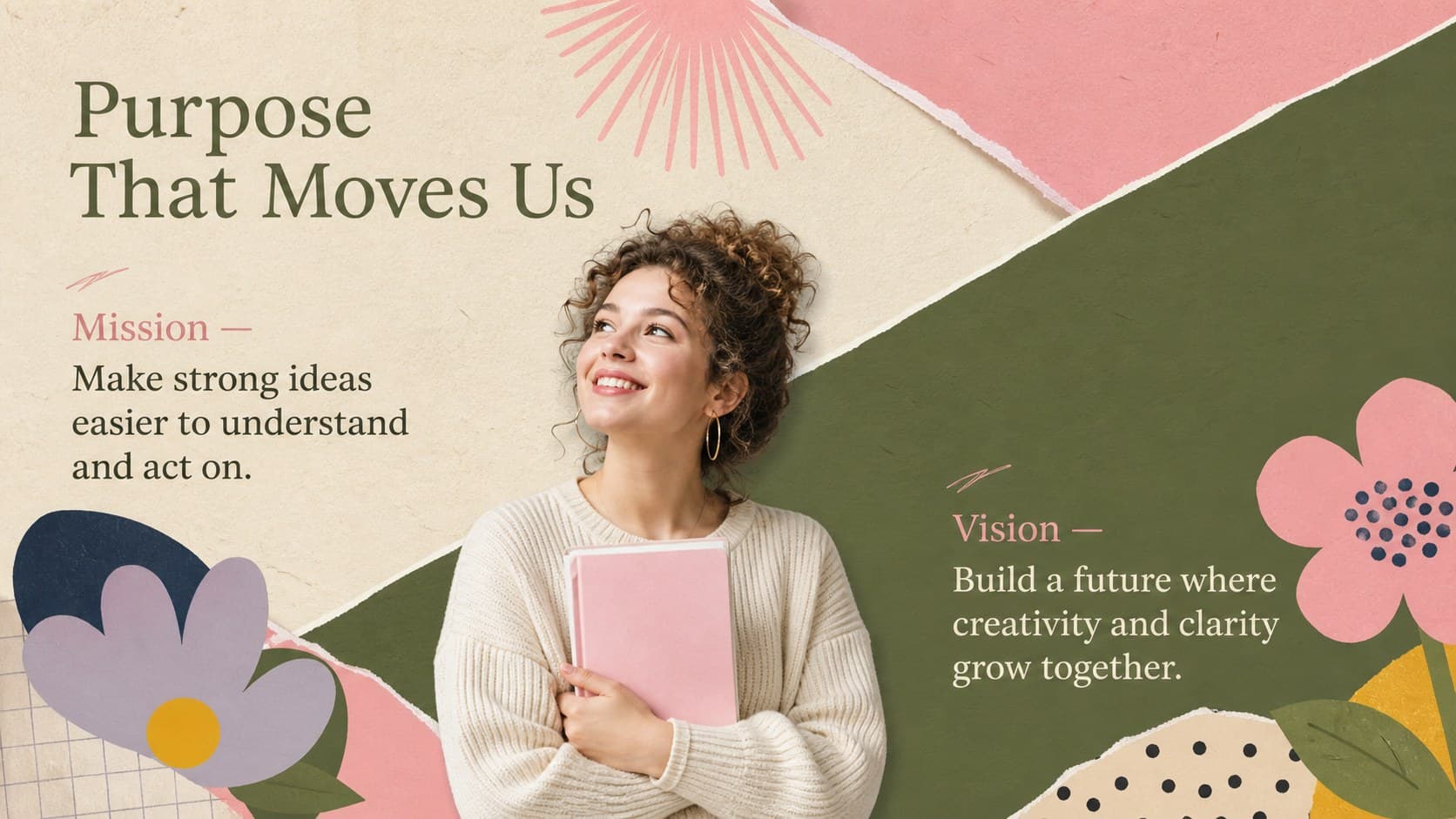 Pink and green corporate profile theme showing mission and vision statements in paper collage layouts.