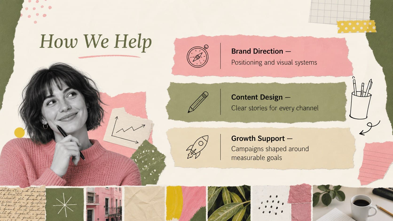 Paper collage company portfolio slide outlining three creative services in a pastel layout.