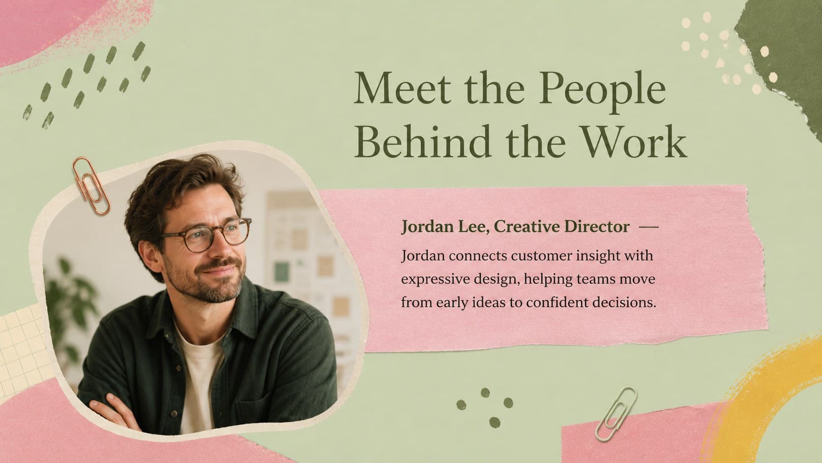 Creative agency profile PowerPoint slide featuring an original team member portrait and short biography.