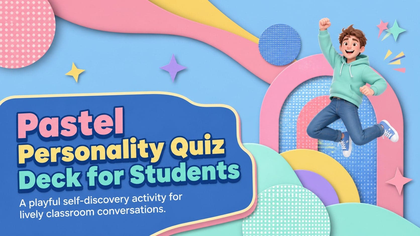 Cover of a pastel personality quiz deck with colorful abstract shapes, blue accents, and playful halftone patterns.